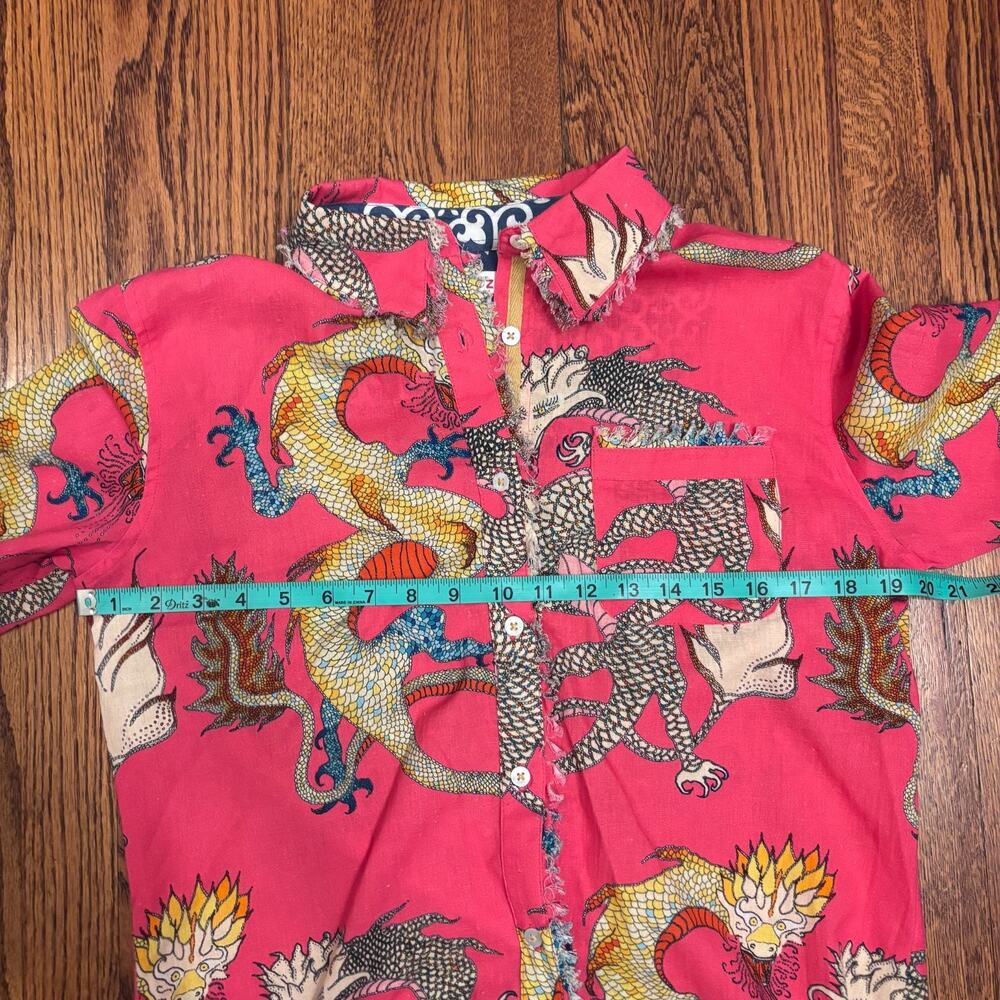Dizzy Lizzie Tizzie Dragon Button Up Shirt Pink Raw Hem Size Medium Cotton Linen - Picture 5 of 6